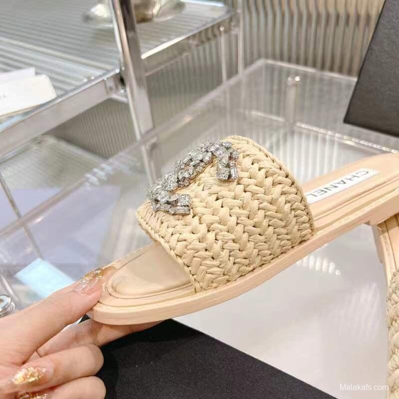 2025 Women Chanel Beige Raffia Crystal Slippers LY00270