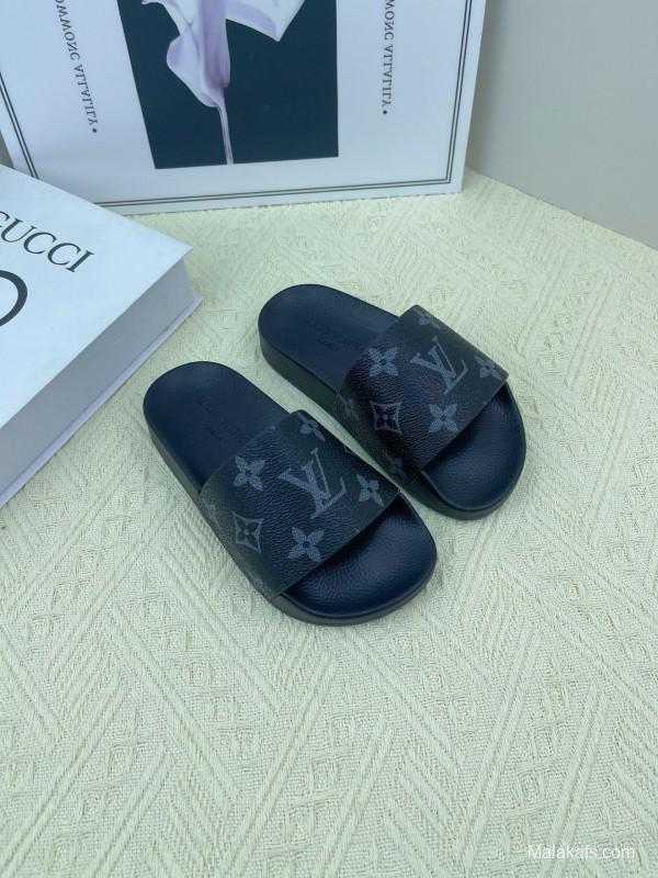 2025 Kids Louis Vuitton Brown Black Leather Slippers