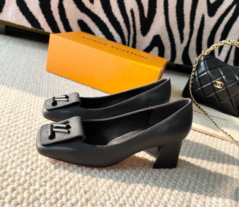 2024 Women Louis Vuitton Black Leather Mid Heel Pumps