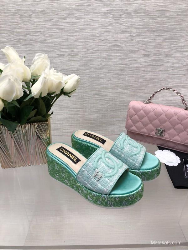 2025 Women Chanel Green Turquoise Tweed Platform Slippers LY00320