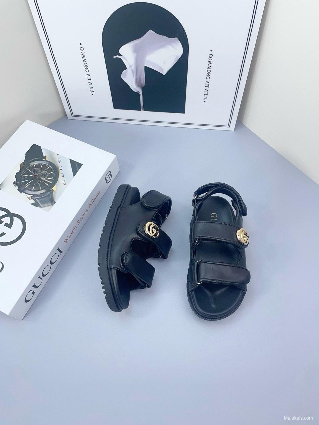 2025 Kids Gucci Black Brown Canvas Leather Sandals