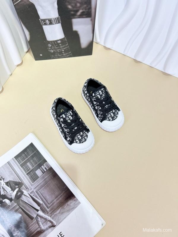 2024 Kids CHANEL Gray Beige Black Canvas Sneakers
