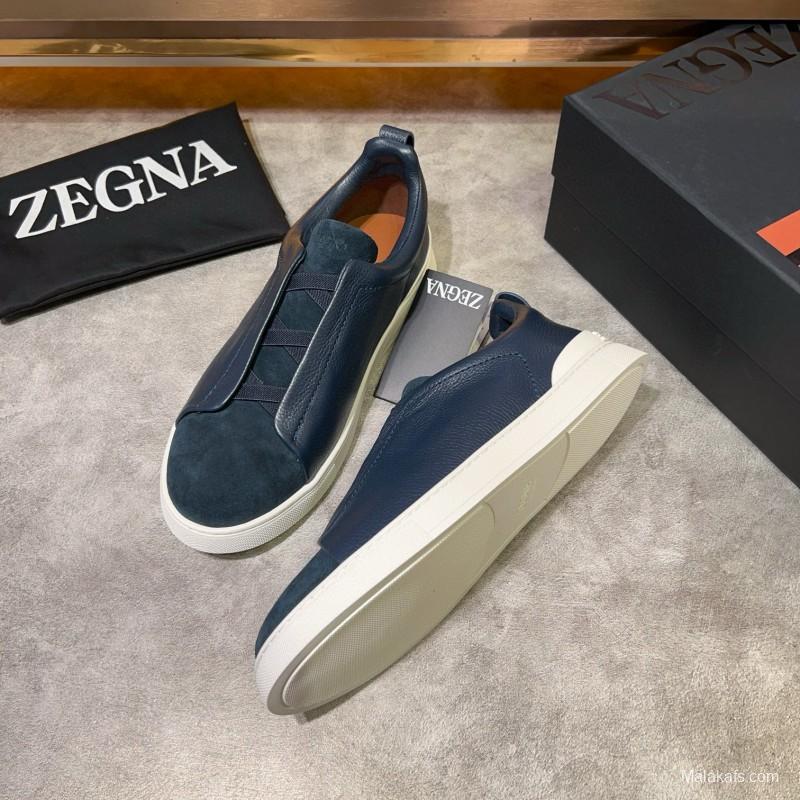 2024 Men Ermenegildo Zegna Blue Leather Suede Sneakers
