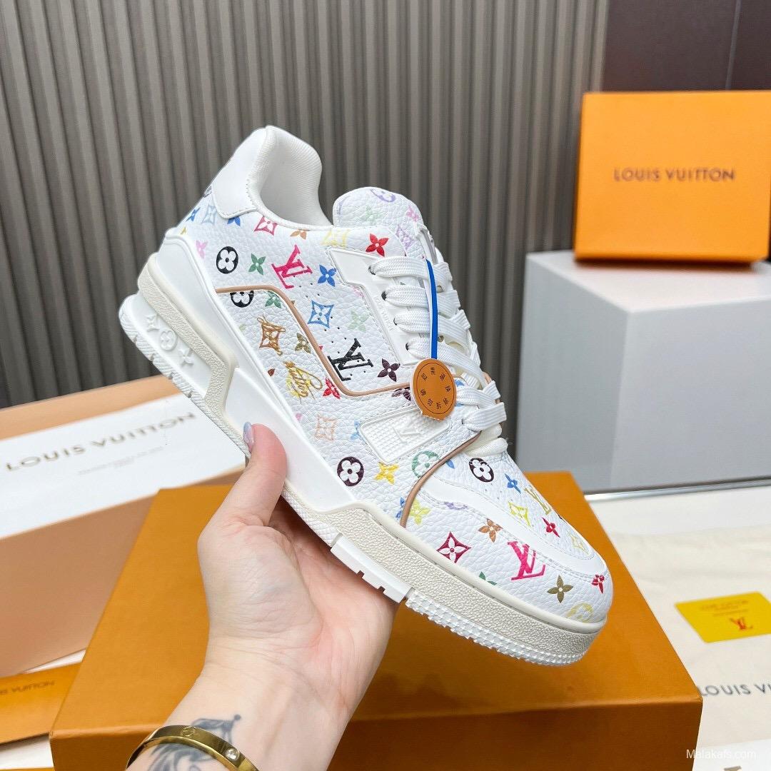 2025 Unisex Louis Vuitton White Multicolor Leather Plimsolls KFY00370