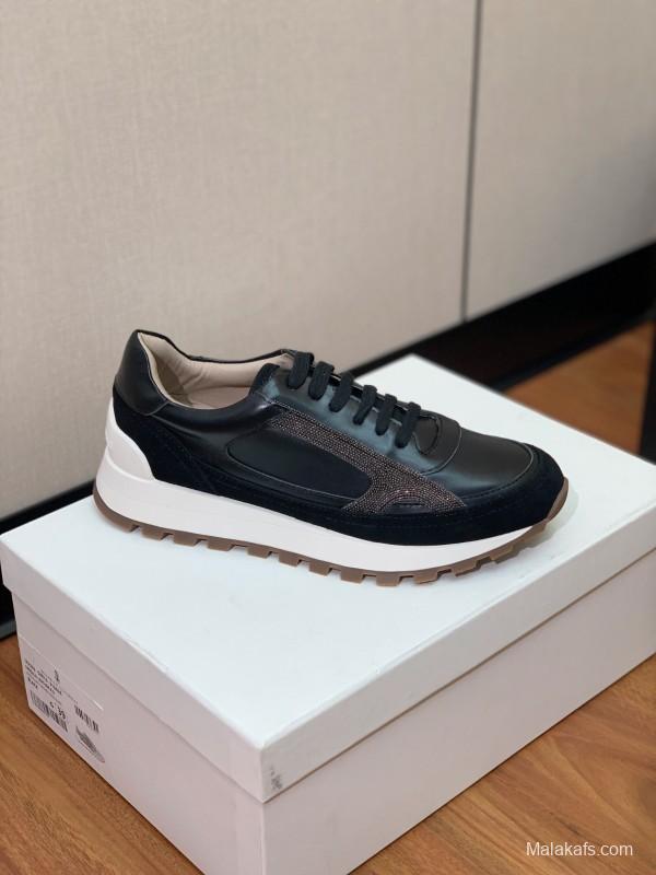2025 Unisex Brunello Cucinelli Black Brown Leather Suede Sneakers LY