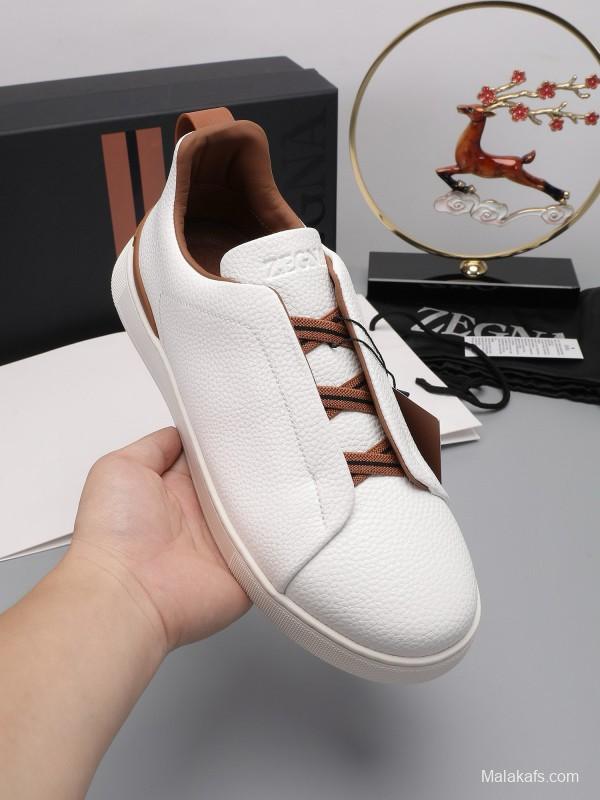 2024 Men Ermenegildo Zegna White Brown Leather Sneakers MJ00240