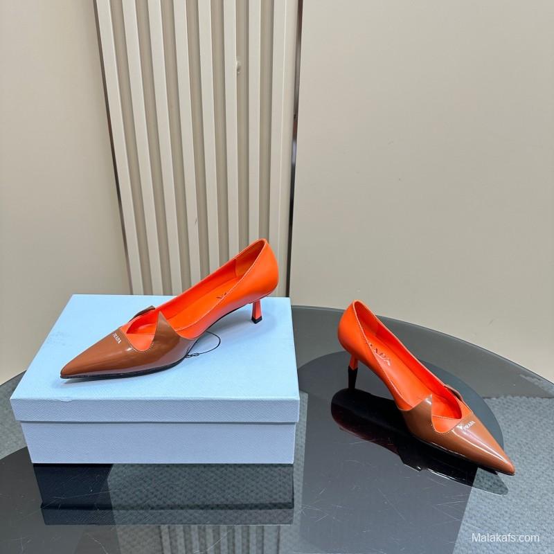 2025 Women Prada Orange Brown Leather Heels KFY00310