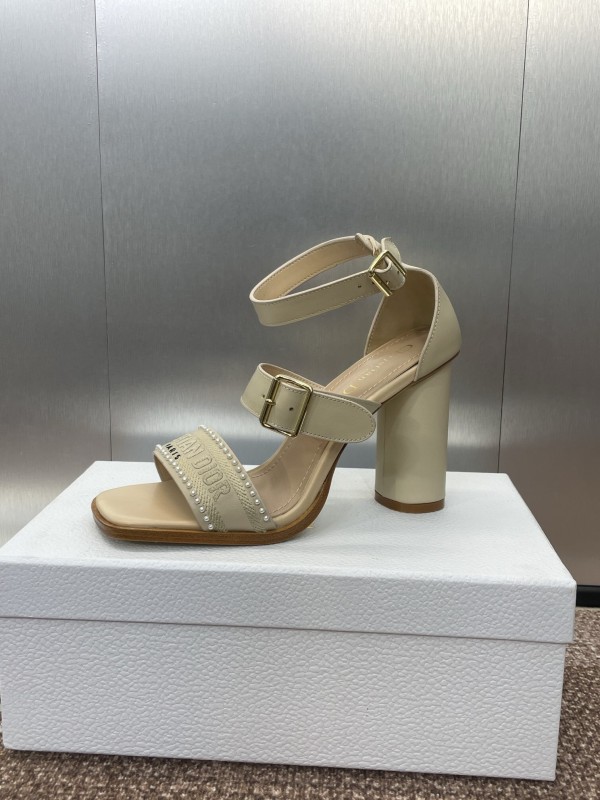 2025 Women Dior Beige Calf Leather Sheepskin Pearl Embroidered High Heel Sandals KFY00320