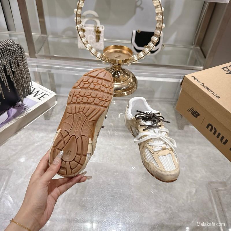 2025 Women New Balance Beige White Leather Mesh Sneakers