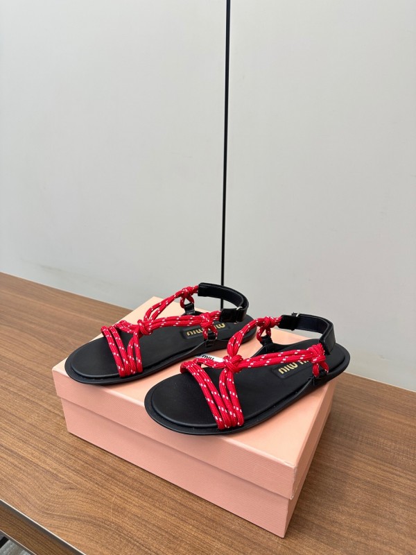 2025 Women Miu Miu Red Rope Leather Sandals LY