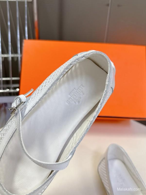 2025 Women Hermès White Leather Mesh Mary Jane KFY00250
