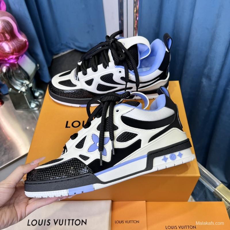2025 Unisex Louis Vuitton White Black Blue Leather Mesh LV Trainer