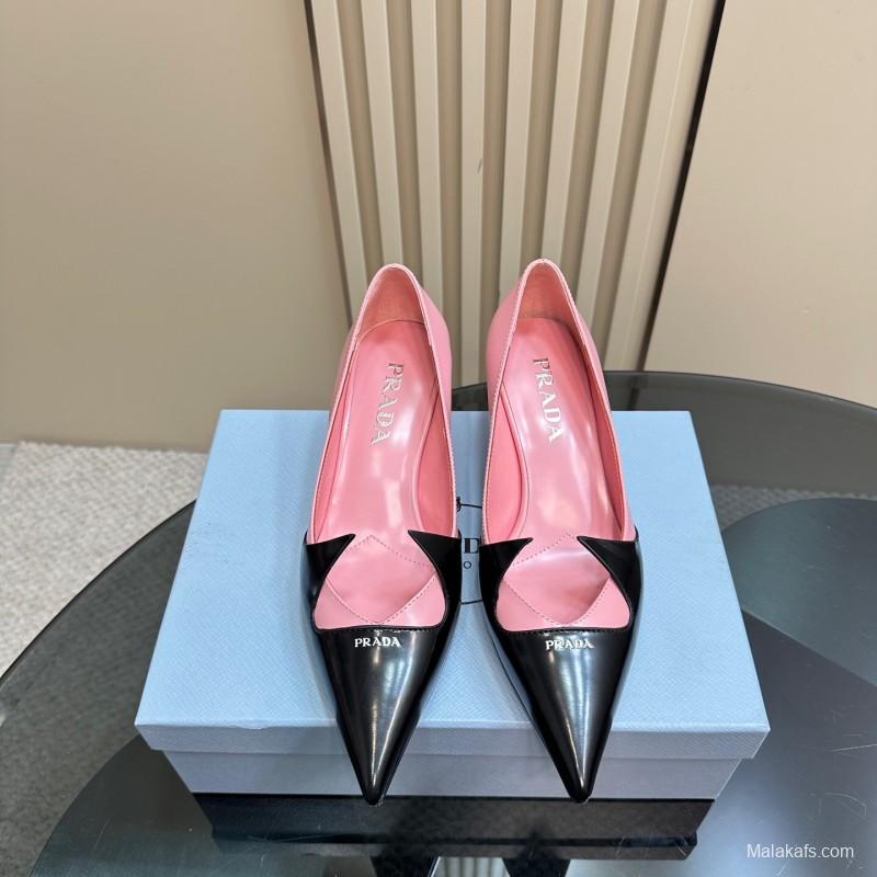 2025 Women Prada Pink Black Leather Pointed Toe Low Heel KFY00310