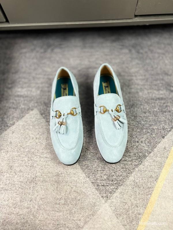 2024 Women Gucci Light Blue Suede Loafers MJ00280