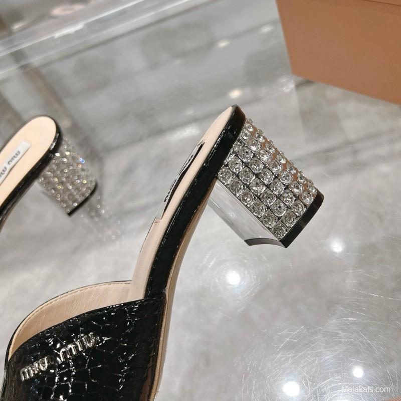 2025 Women Miu Miu Black Patent Leather Heeled Sandals