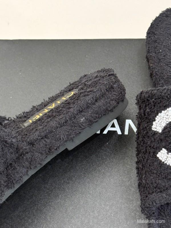 2025 Women Chanel Black Terry Cloth Slippers KFY00220