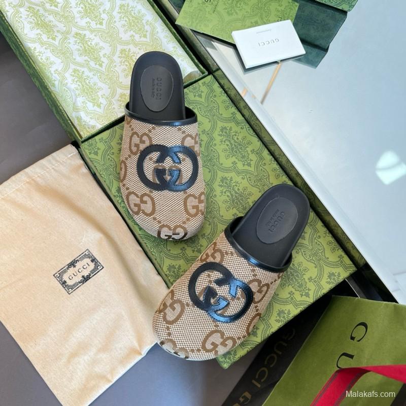 2024 Unisex Gucci Beige Brown Leather Slippers GG Pattern MJ00280