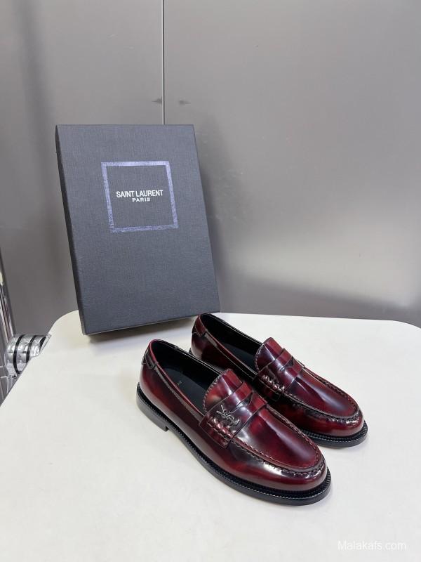 2025 Women Yves Saint Laurent Burgundy Calf Leather Loafers KFY00350