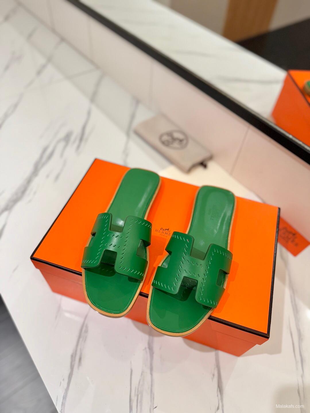 2025 Women Hermès Green Leather Slippers