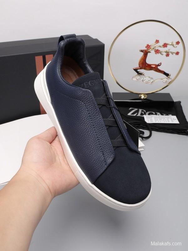 2024 Men Ermenegildo Zegna Navy Blue Leather Suede Low Top Sneakers MJ00240