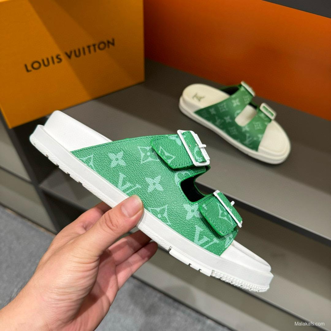 2024 Slippers Louis Vuitton Green Canvas Slippers