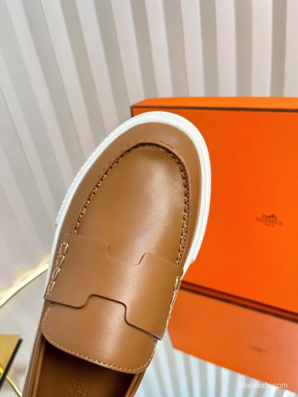 2025 Unisex Hermès Brown Leather Fabric Loafers Slip-On LY00310(F)/LY00320(M)