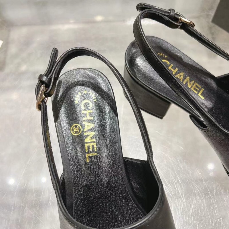 2025 Women Chanel Black Leather Slingback Heels LY00300
