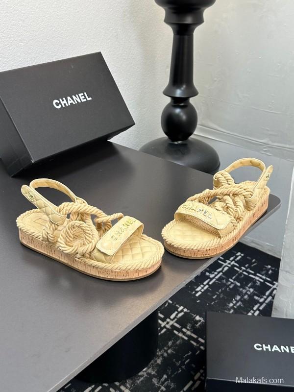 2025 Women Chanel Beige Rope Leather Slingback Sandals