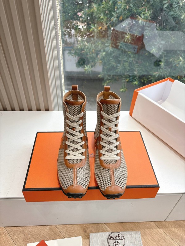 2025 Women Hermès Beige Brown Leather Mesh Boots