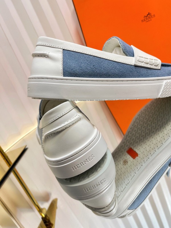 2025 Women Hermès Blue White Leather Canvas Loafers LY00310