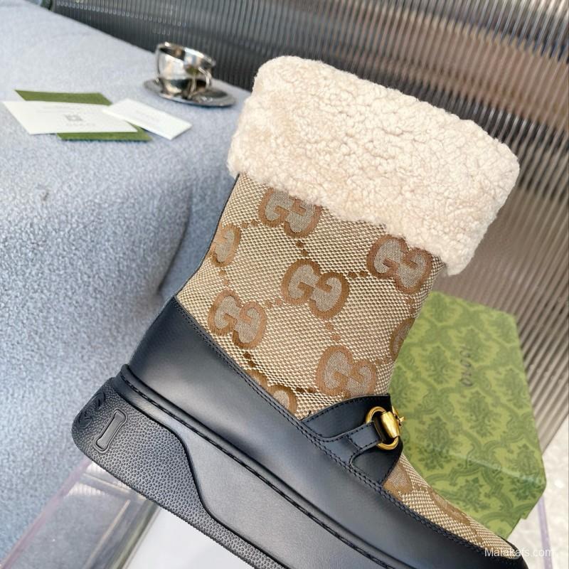 2024 Women Gucci Beige Brown Leather Shearling Snow Boots MJ00420