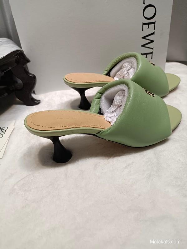 2025 Women Loewe Green Leather Slippers