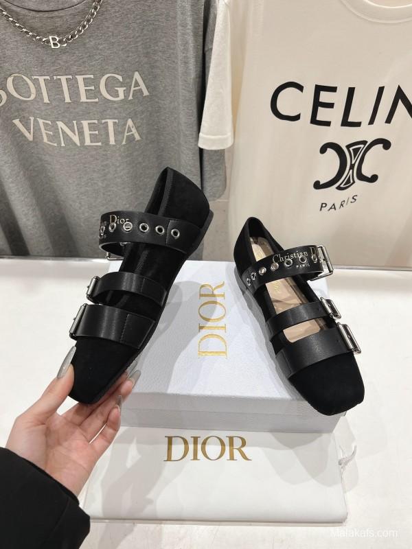2025 Women Dior Black Leather Suede Mary Jane Buckle KFY00300