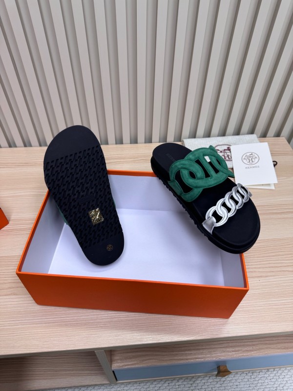 2025 Slippers Hermès Green Black Suede Leather Slippers