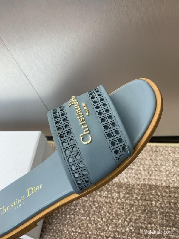 2025 Women Dior Blue Leather Slippers KFY00300