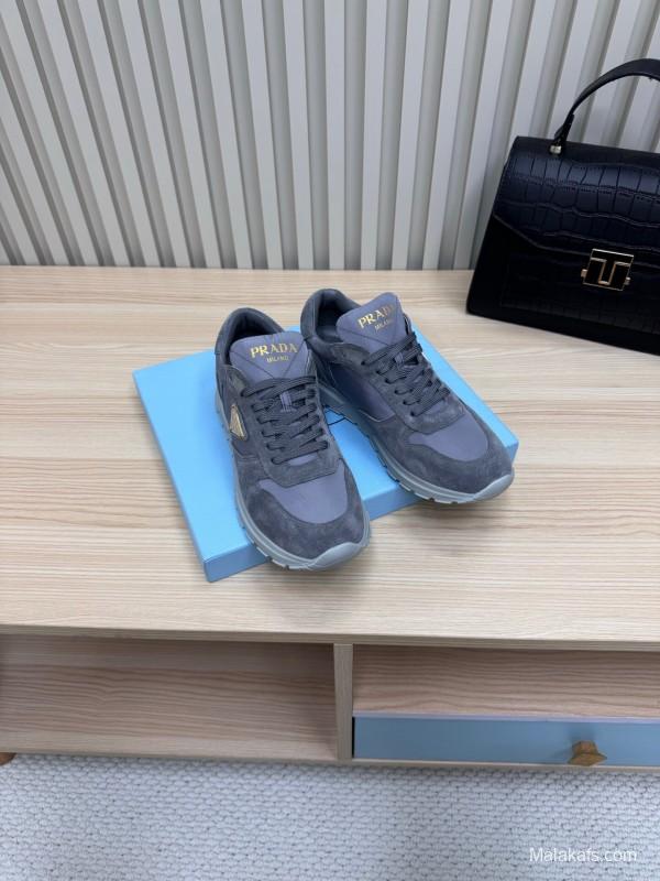 2025 Women Prada Grey Suede Leather Sneakers LY00300