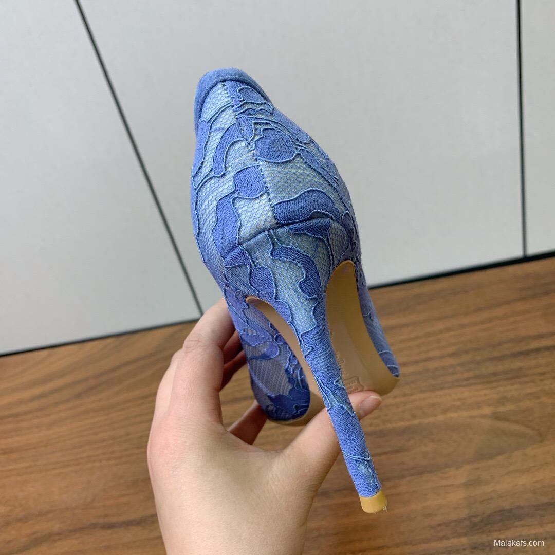 2025 Women Gianvito Rossi Blue Lace Leather Pumps