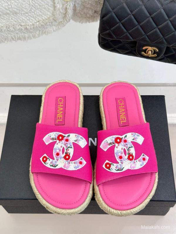 2025 Slippers Chanel Pink Canvas Espadrille Double C KFY00230