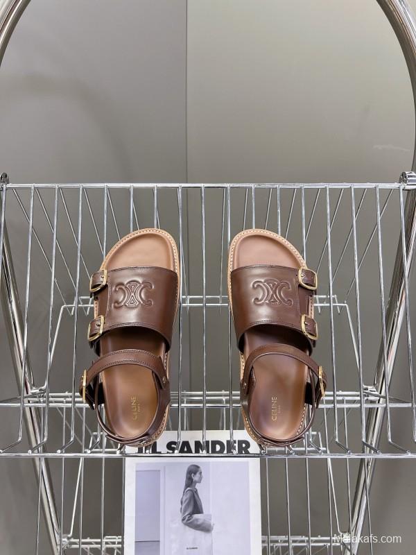 2025 Women Celine Brown Leather Sandals KFY00280