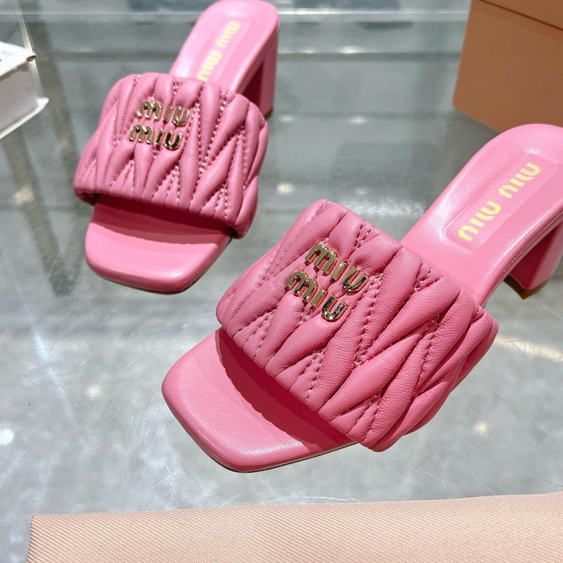 2025 Women Miu Miu Pink Sheepskin Heeled Sandals Quilted KFY00250
