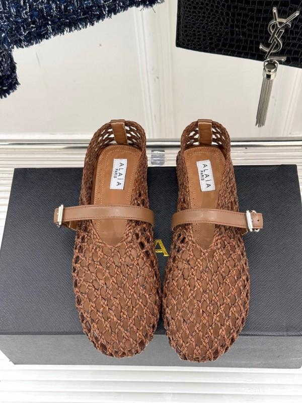 2025 Women AlAIA Brown Leather Woven Mary Jane Shoes