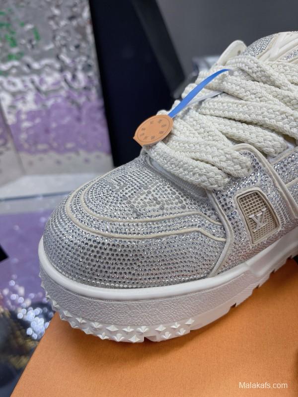 2024 Unisex Louis Vuitton White Silver Leather Trainers Crystal Embellished MJ00430