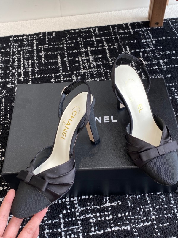 2025 Women Chanel Black Satin Leather High Heels Bow Slingback KFY00289