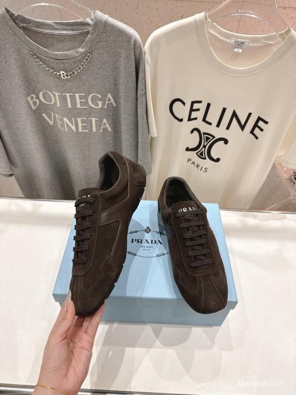 2025 Women Prada Brown Suede Lace-Up Sneakers