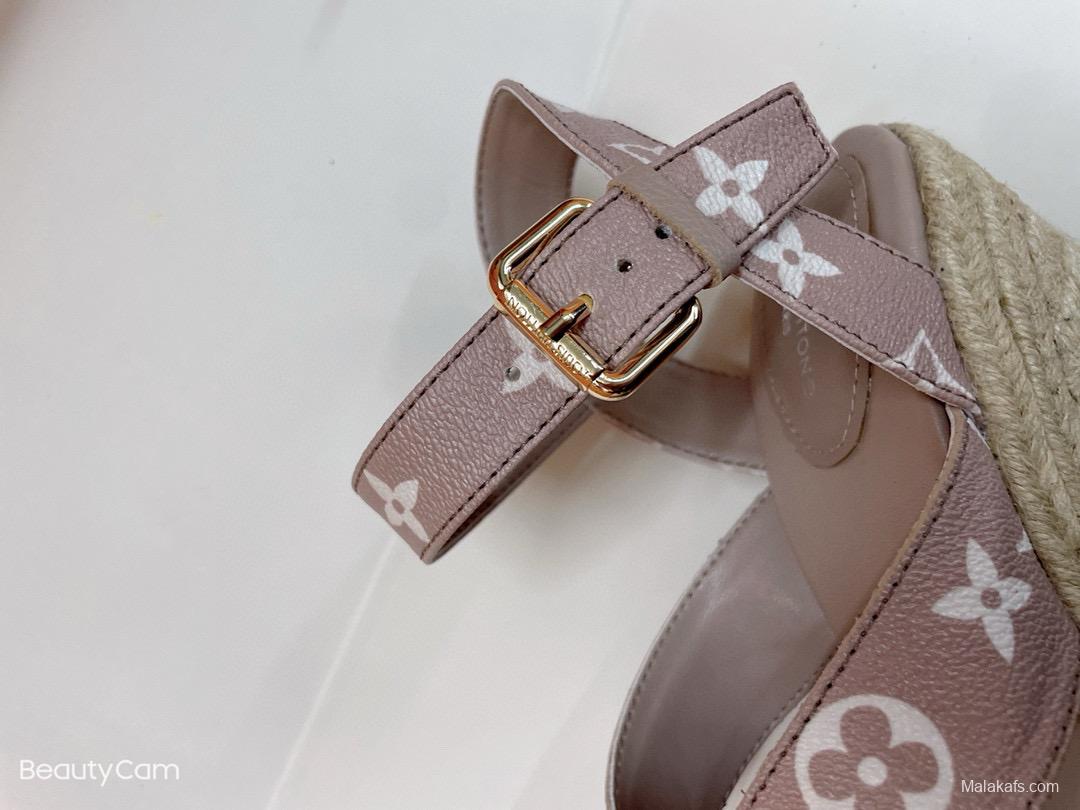2025 Women Louis Vuitton Brown Beige Canvas Leather Wedge Sandals MJ00280