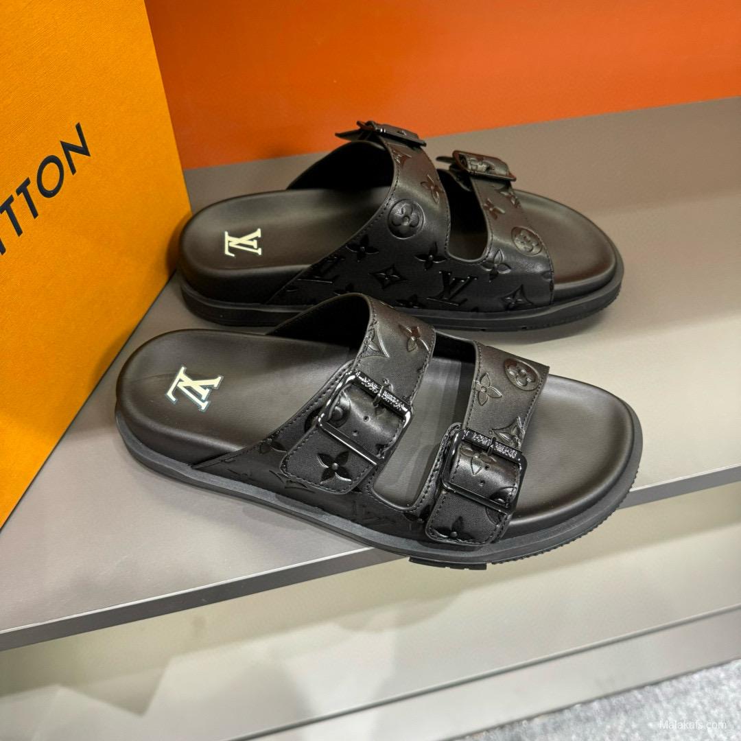 2024 Slippers Louis Vuitton Black Leather Slippers