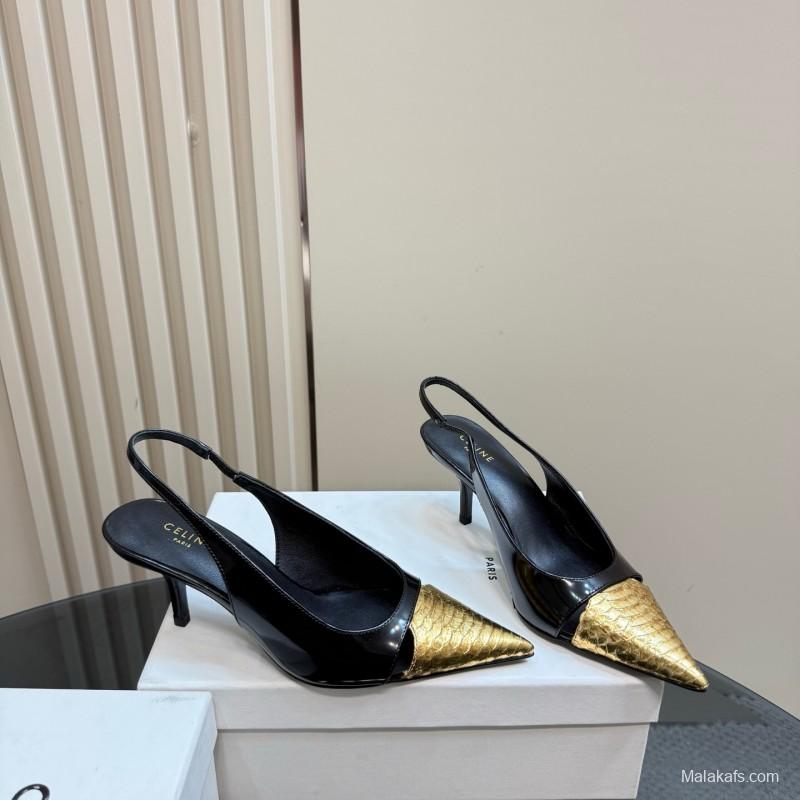 2025 Women CELINE Black Gold Leather Slingback Heels