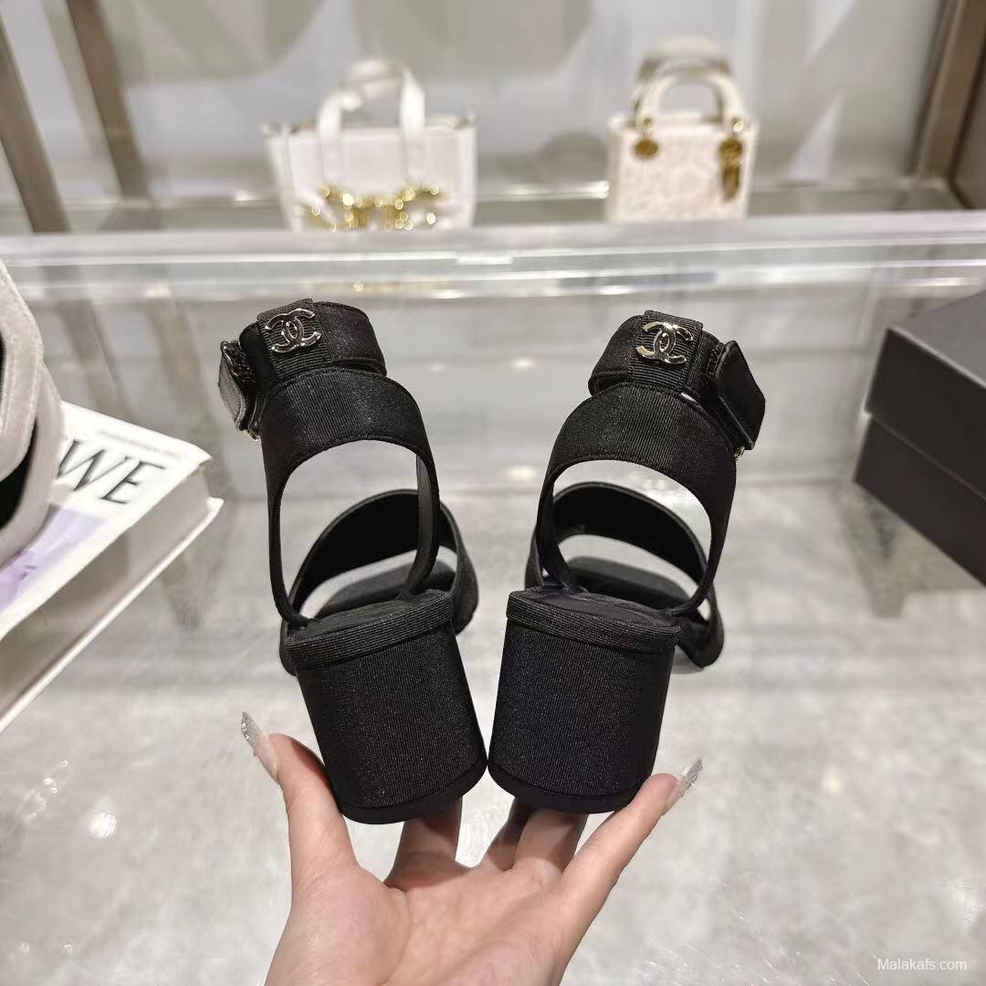 2025 Women Chanel Black Fabric Leather Sandals LY00280