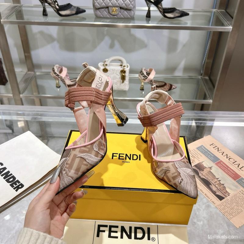 2025 Women Fendi Pink Beige Fabric Leather High Heels