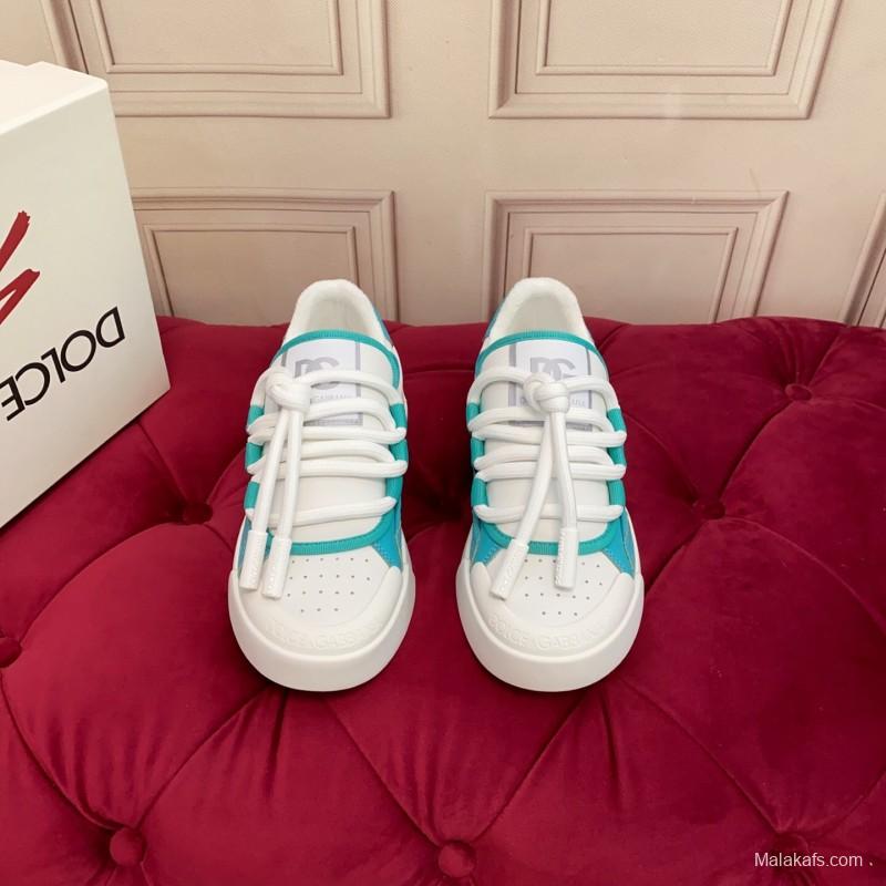 2025 Unisex Dolce & Gabbana White Blue Leather Textile Sneakers
